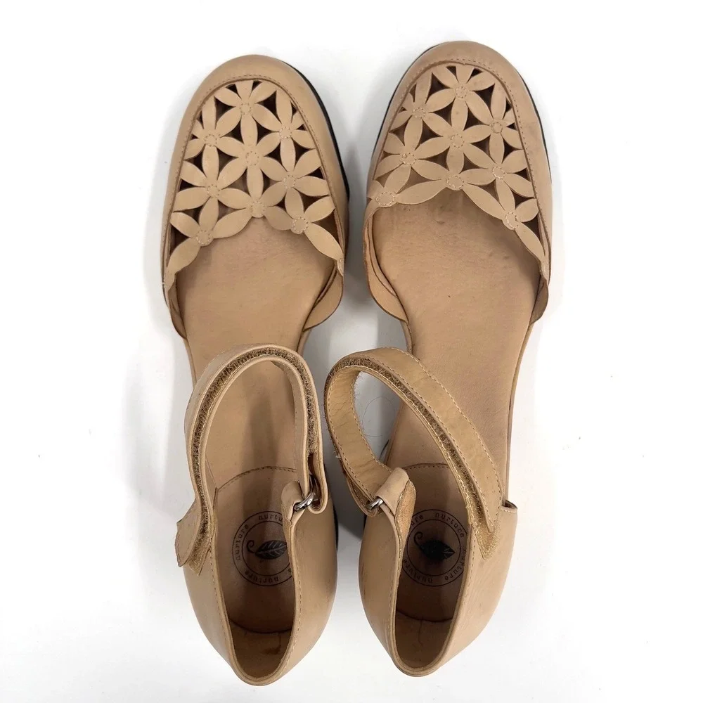 Nurture Women's Leather Ankle Strap Shoes Tan Floral Laser Cut Wedge 9M - Picture 8 of 10